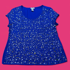 Glitterscope Royal Blue Studded Embellished Top Short Sleeve Size